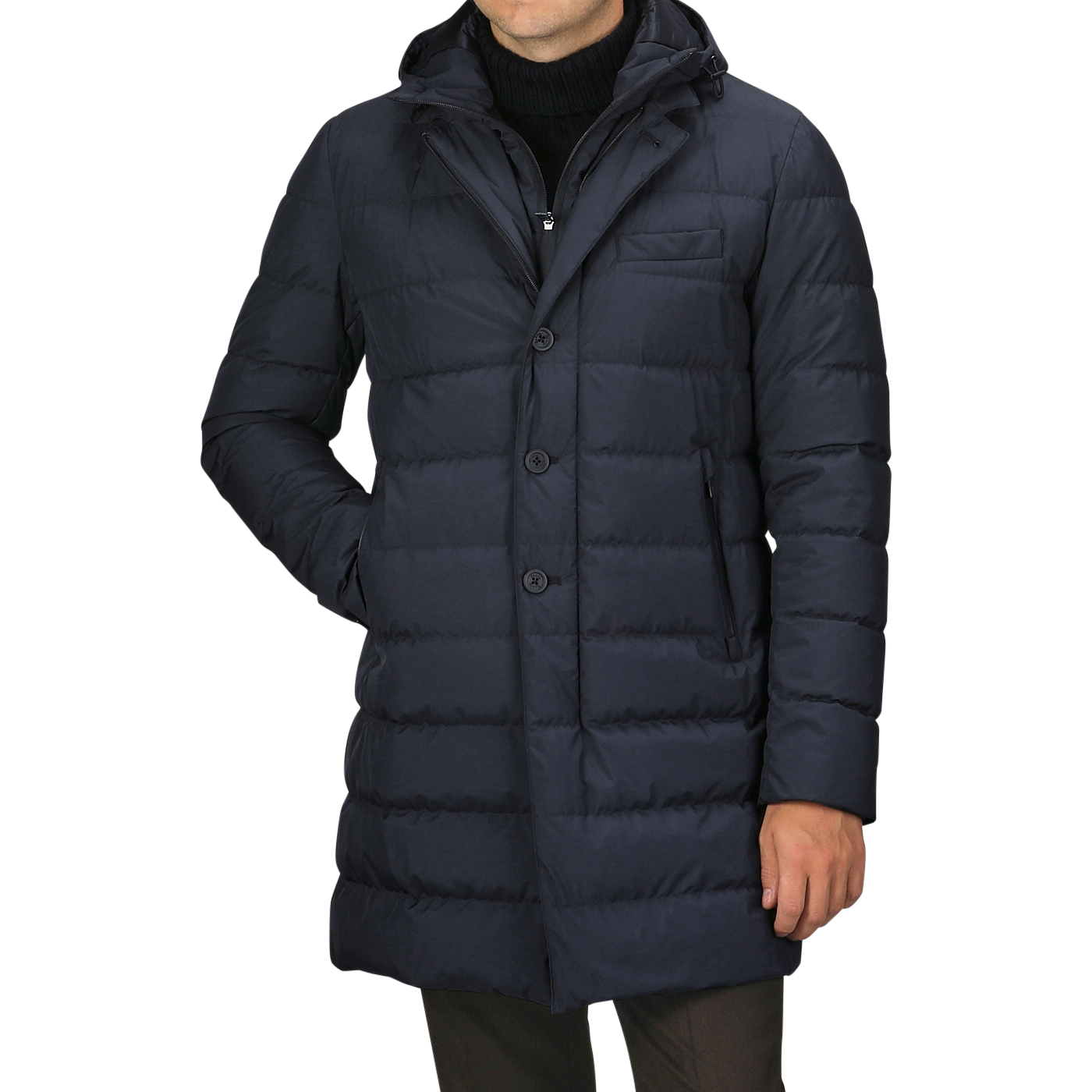 A person wearing a Herno Navy Blue Nylon Gore-Tex Laminar Coat, standing against a plain background.