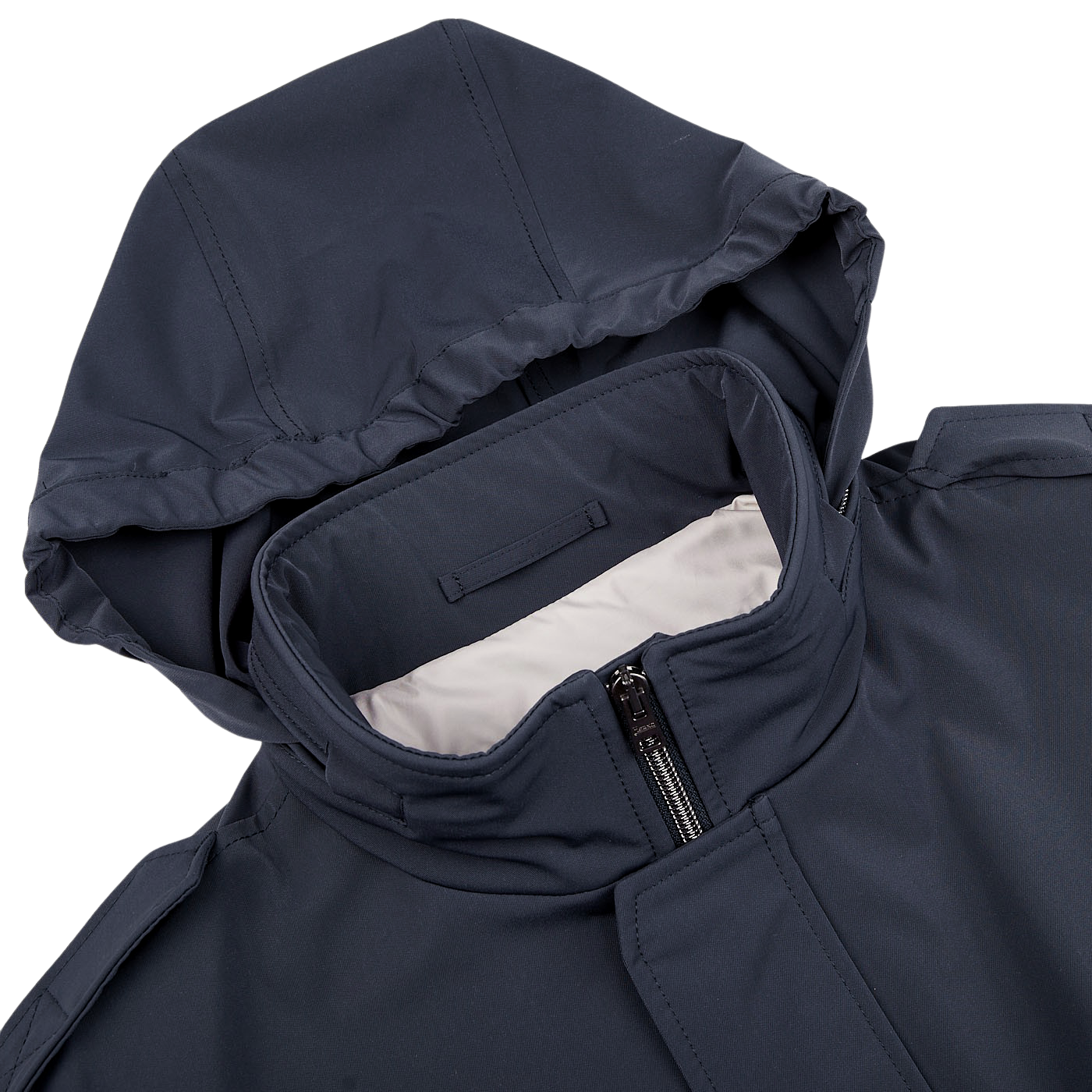 The Herno navy blue nylon hood field jacket features a zipper on its hood, making it a stylish and water-resistant option.