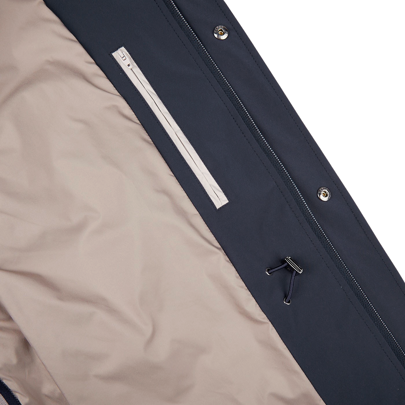A Herno Navy Blue Nylon Hood Field Jacket with a zippered pocket.