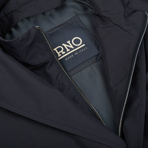 A close up of a Herno Navy Blue Nylon Hybrid Blazer with the word rno on it.
