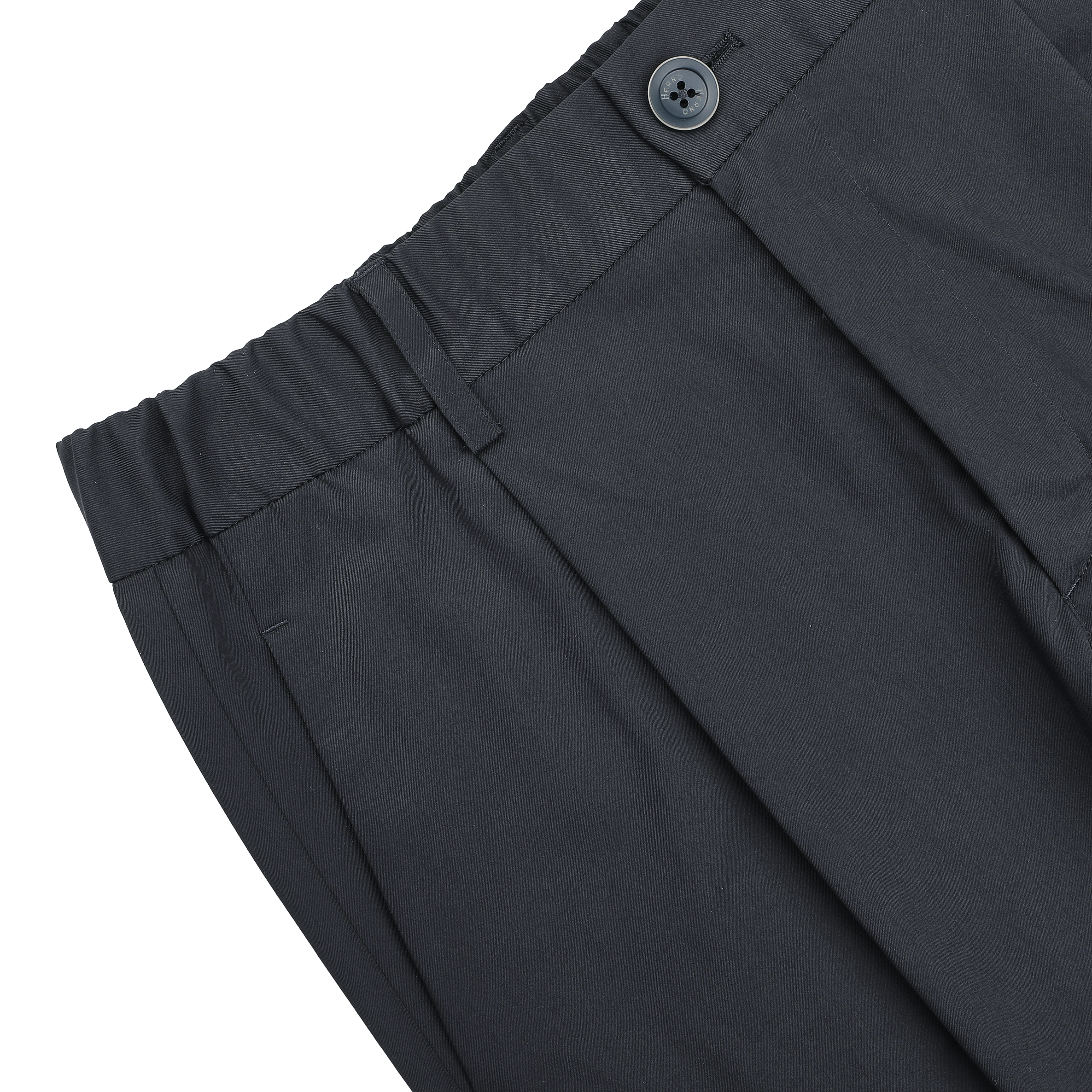 Close-up of Herno's Navy Blue Nylon Stretch Drawstring Trousers with an elastic waistband, side pocket, and visible black button.