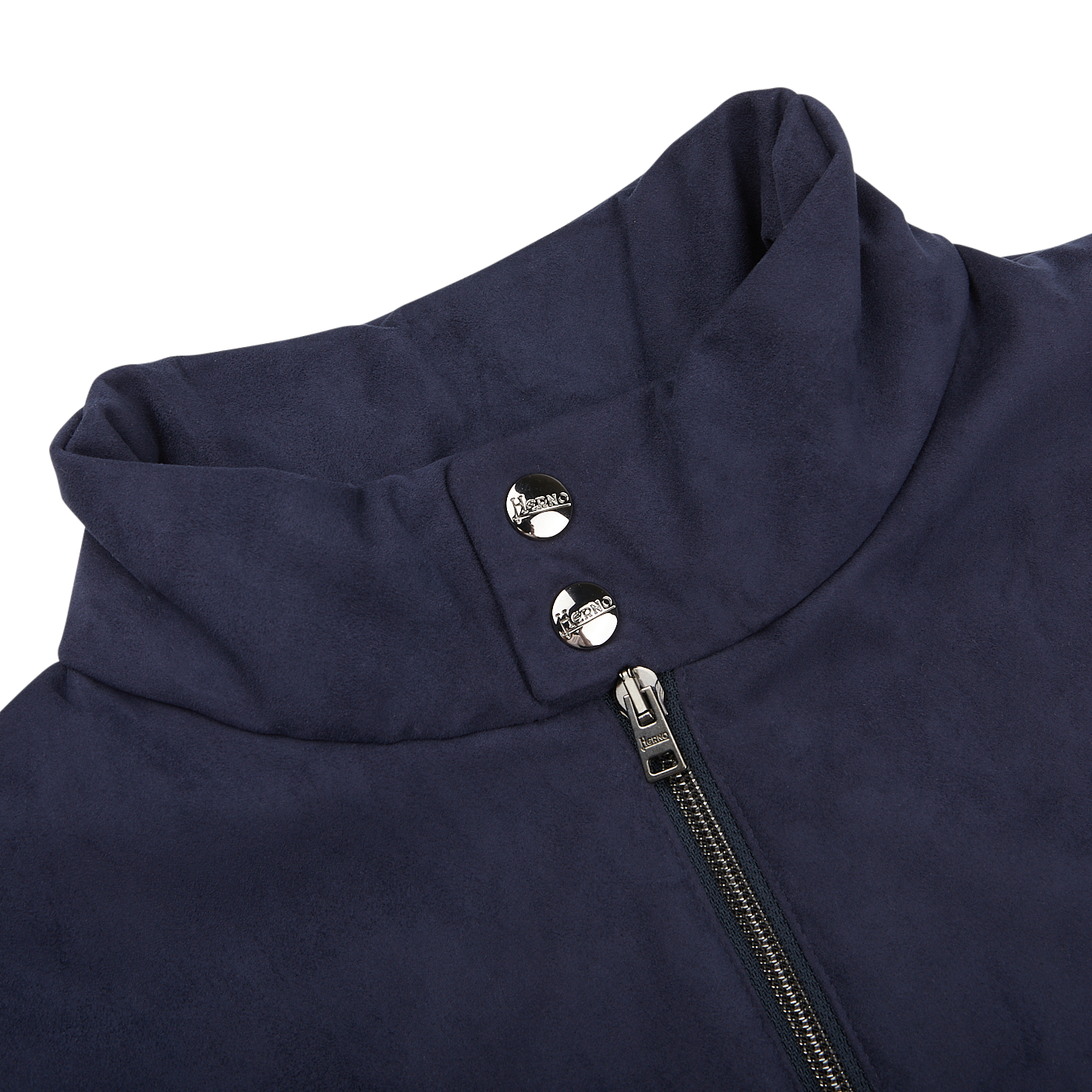 Close-up of a Herno Navy Blue Suede Alcantara Zip Gilet collar featuring two silver snap buttons and a zipper. The fabric, resembling Alcantara, appears soft with a smooth texture visible.