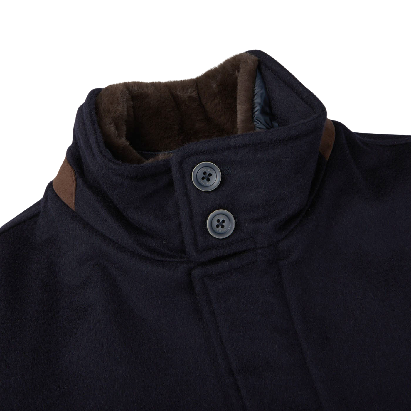 The Navy Blue Water Repellent Cashmere Car Coat with a brown collar from Herno features a weather storm system.