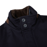 The Navy Blue Water Repellent Cashmere Car Coat with a brown collar from Herno features a weather storm system.