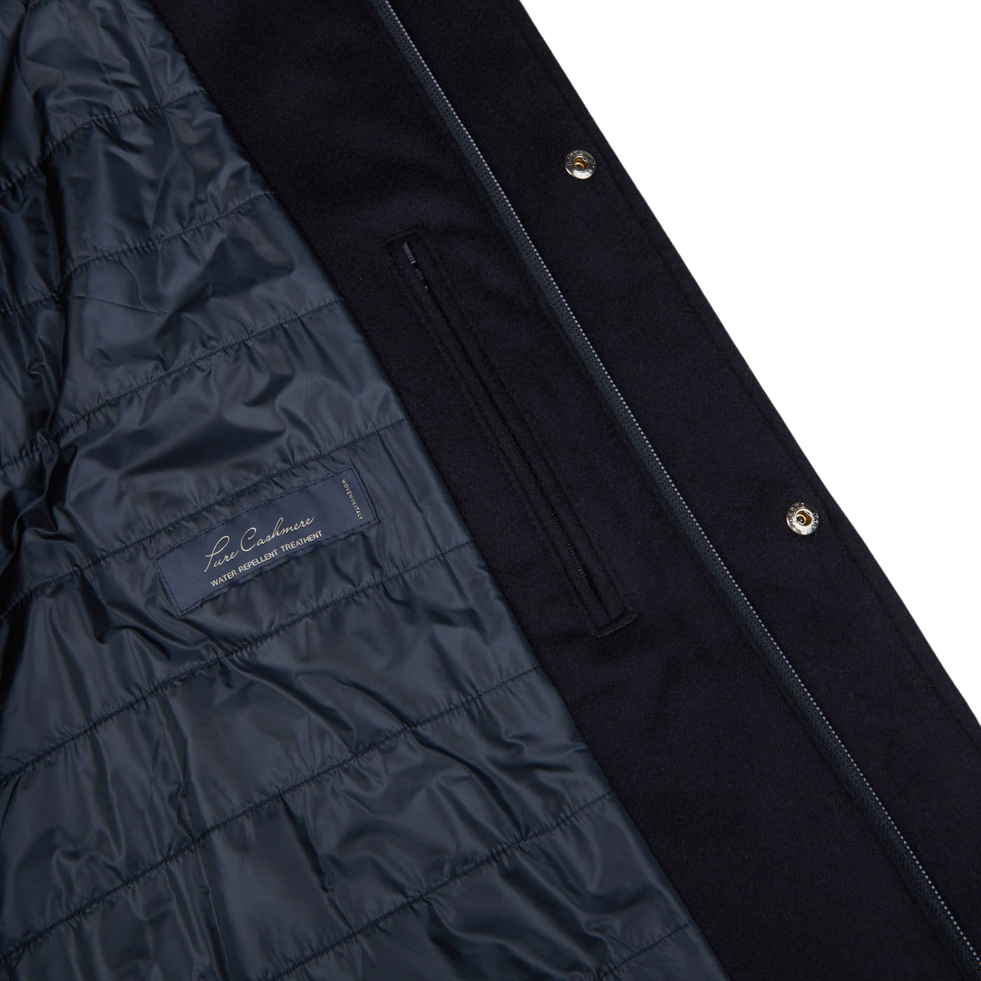 A Navy Blue Water Repellent Cashmere Car Coat featuring a weather storm system and Herno branding.
