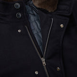 A close up of a Navy Blue Water Repellent Cashmere Car Coat with a fur collar, by Herno.
