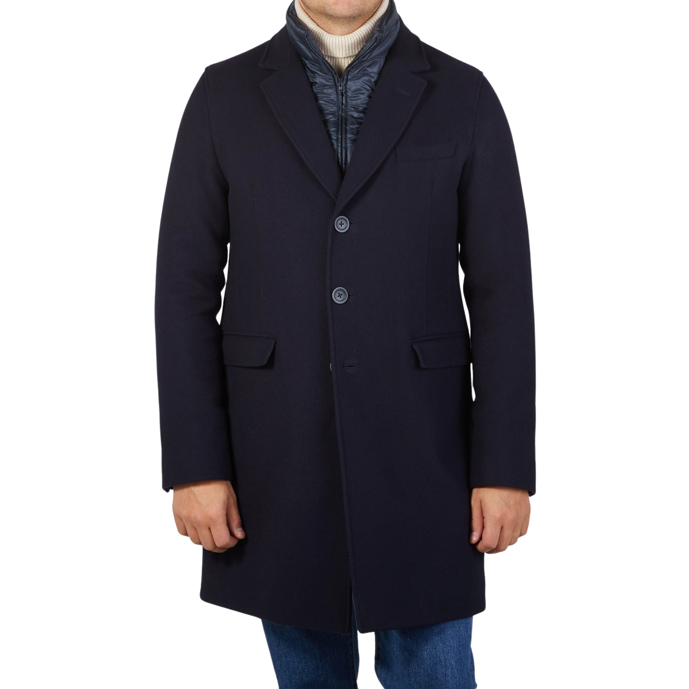 The man is wearing a Herno Navy Wool Down Padded Coat.
