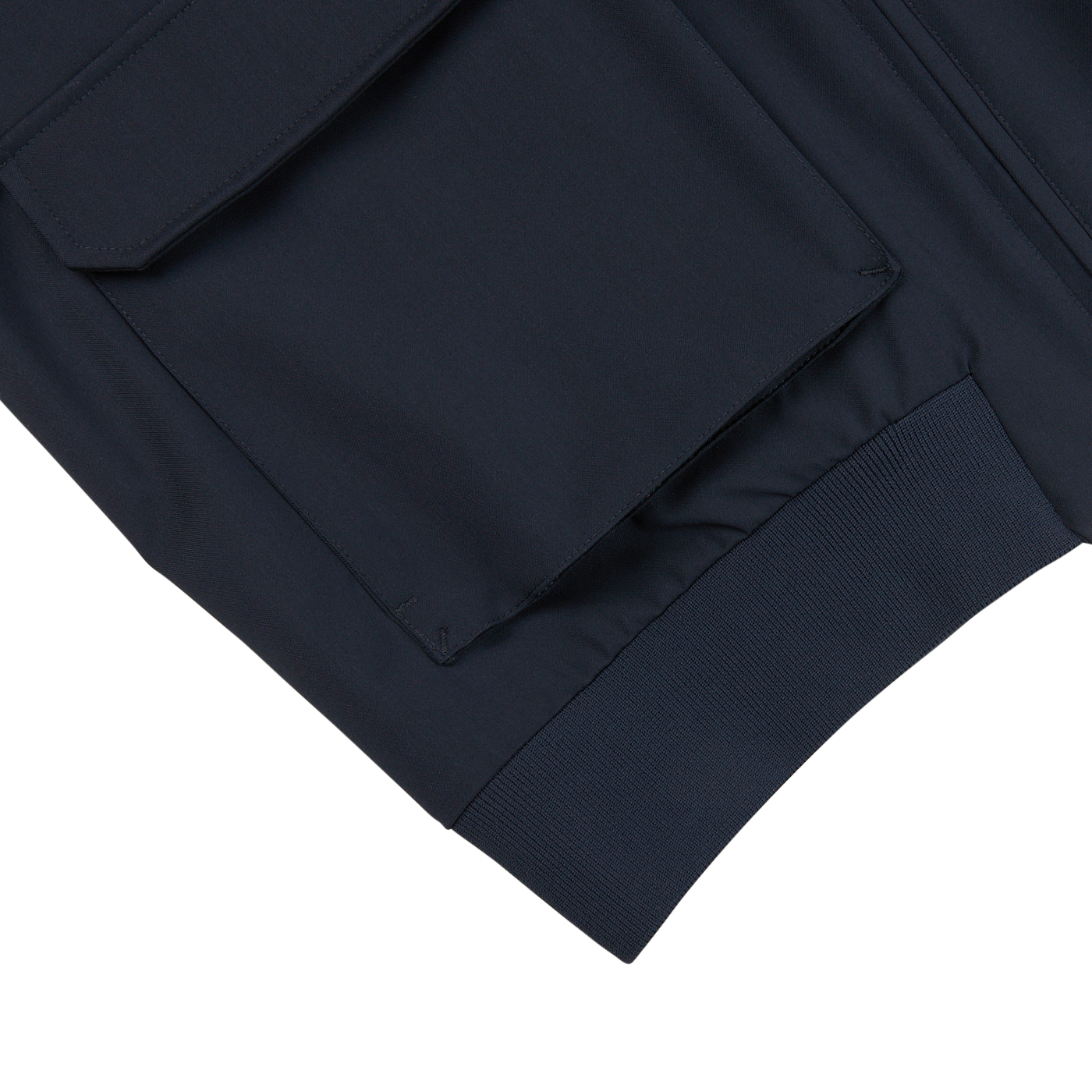 A close up of a wind-resistant navy blue Herno Navy Wool Loro Piana Storm System Blouson with pockets.
