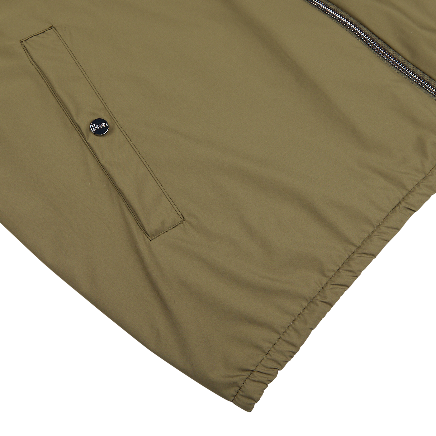 Close-up view of a Herno water-resistant nylon olive green jacket featuring a zipper and a small pocket with a logo patch on a white background.