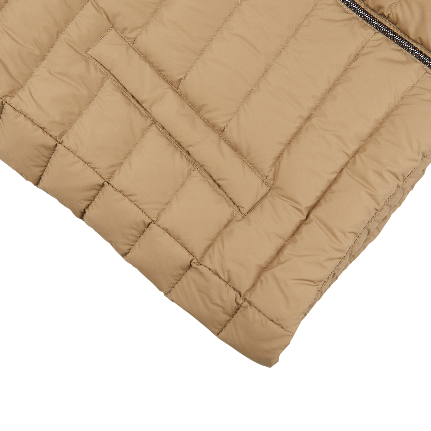 A sand beige Herno nylon goose down quilted gilet on a white surface.