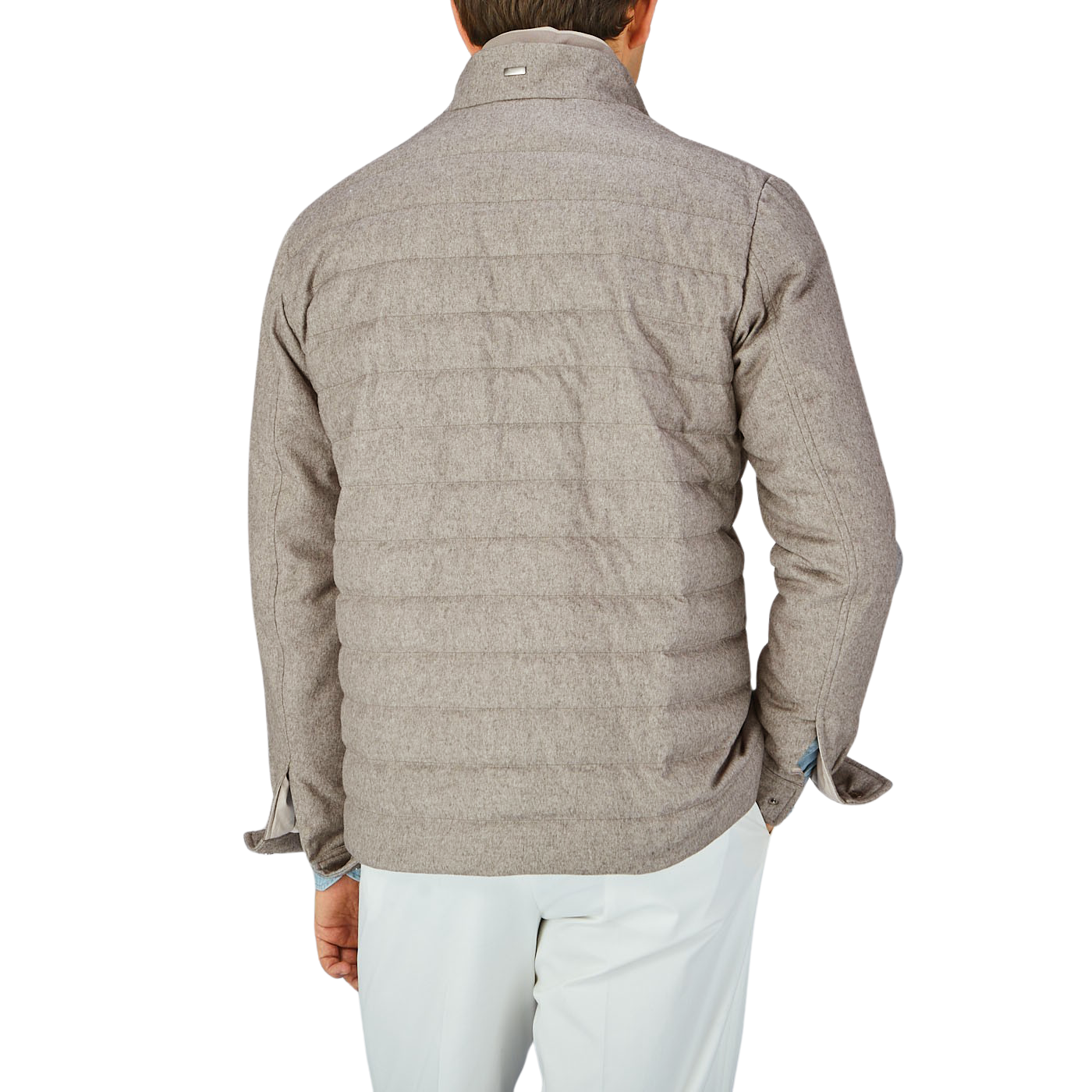 The back view of a man wearing a Herno Taupe Beige Silk Cashmere Water-Repellent Jacket.