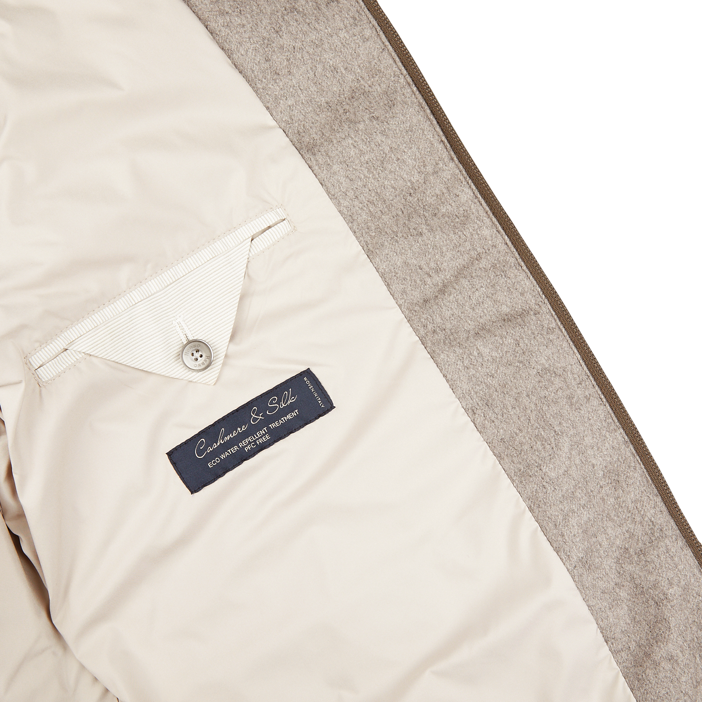 A Herno Taupe Beige Silk Cashmere Water-Repellent Jacket with a slim fit, featuring a label on the back.