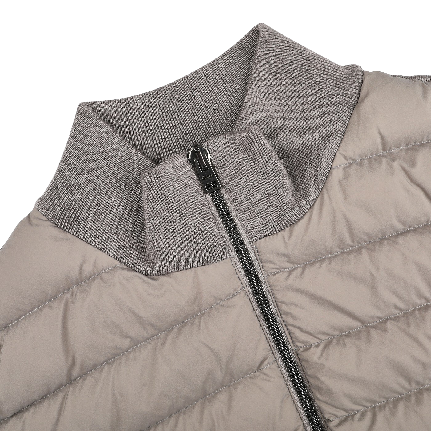 Close-up of the Herno Taupe Beige Wool Silk Nylon Padded Jacket with a quilted pattern, ribbed collar, and sleek black zipper.