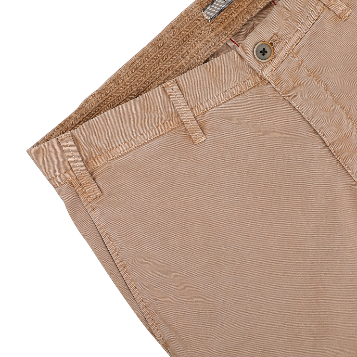 A neatly folded pair of Beige Washed Cotton Gabardine Slim Chinos by Hiltl, featuring a single button and belt loops, rests on a white surface.