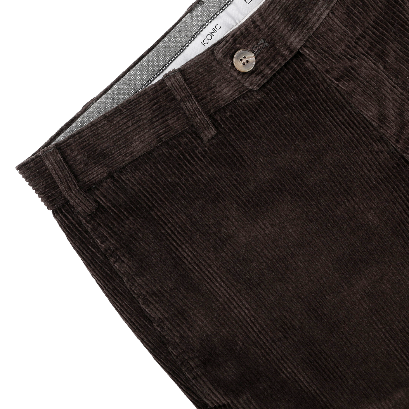 Close-up of Hiltl's Brown Cotton Corduroy Regular Fit Chinos, showcasing a single button and a pointed waistband.