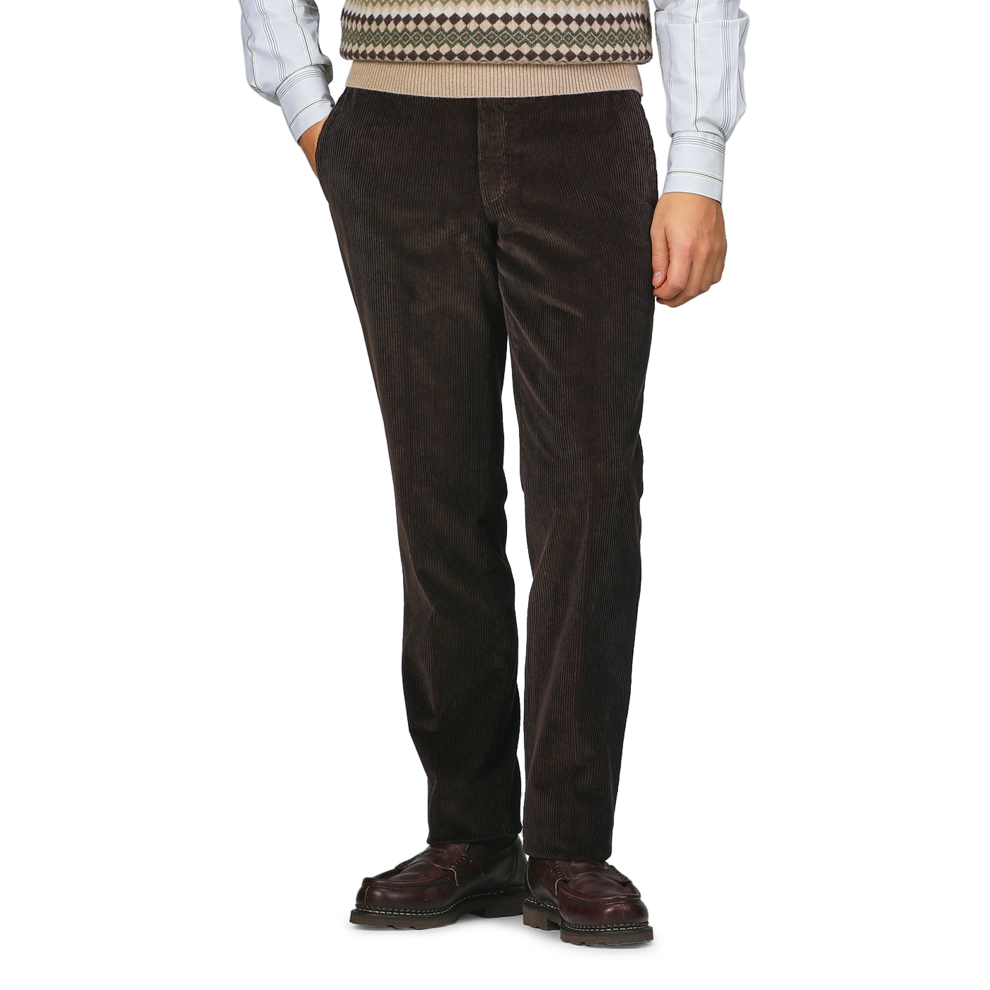 A person wearing Hiltl Brown Cotton Corduroy Regular Fit Chinos, a plaid shirt, a patterned sweater vest, and brown shoes stands against a plain background.