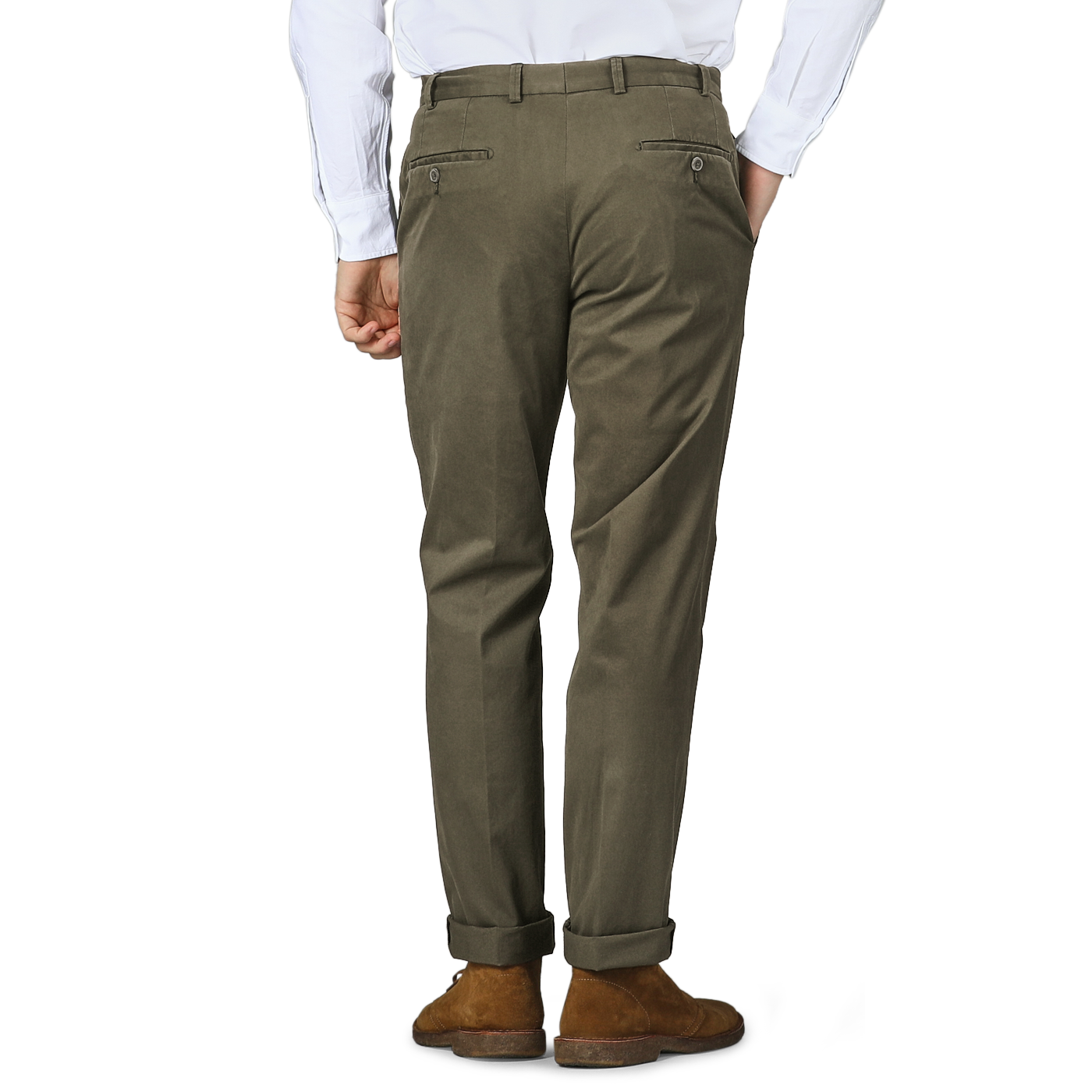 Person wearing Hiltl Dark Green Cotton Stretch Regular Fit Chinos, a white shirt, and brown shoes, facing away.