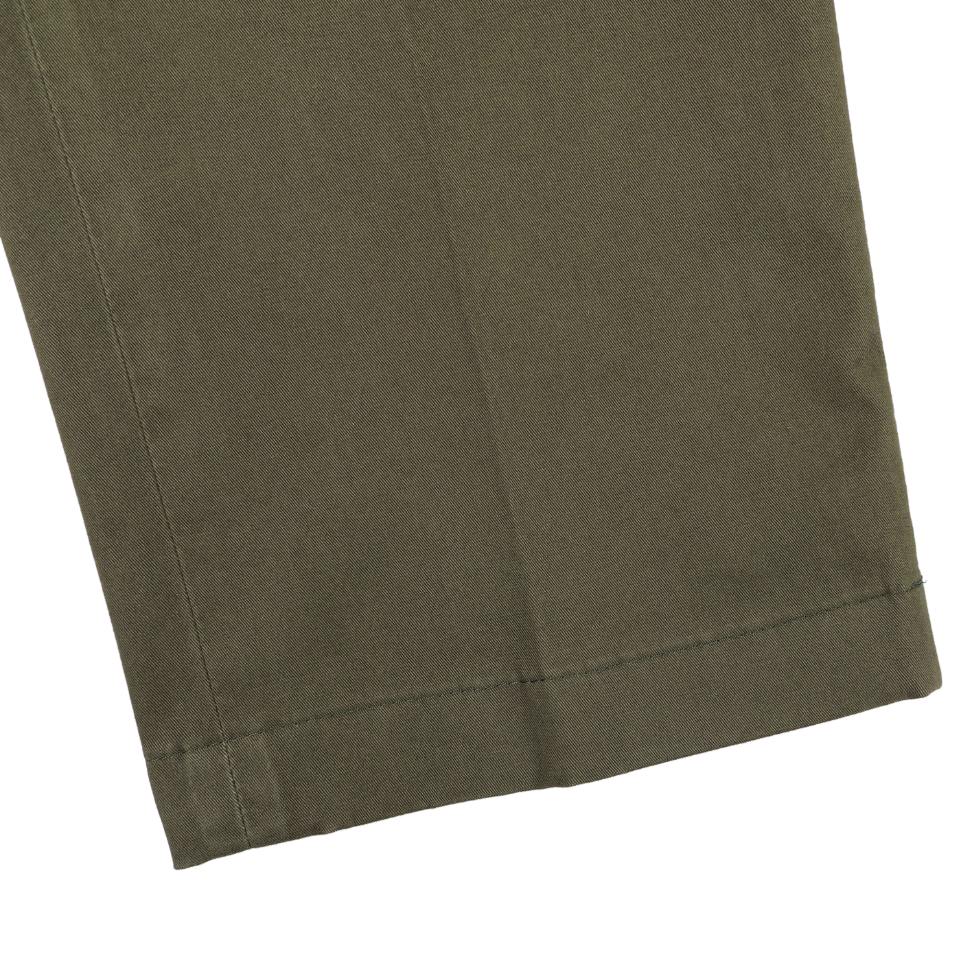 Close-up of the hem of Hiltl's Dark Green Cotton Stretch Regular Fit Chinos, highlighting the precise stitching against a light gray background.