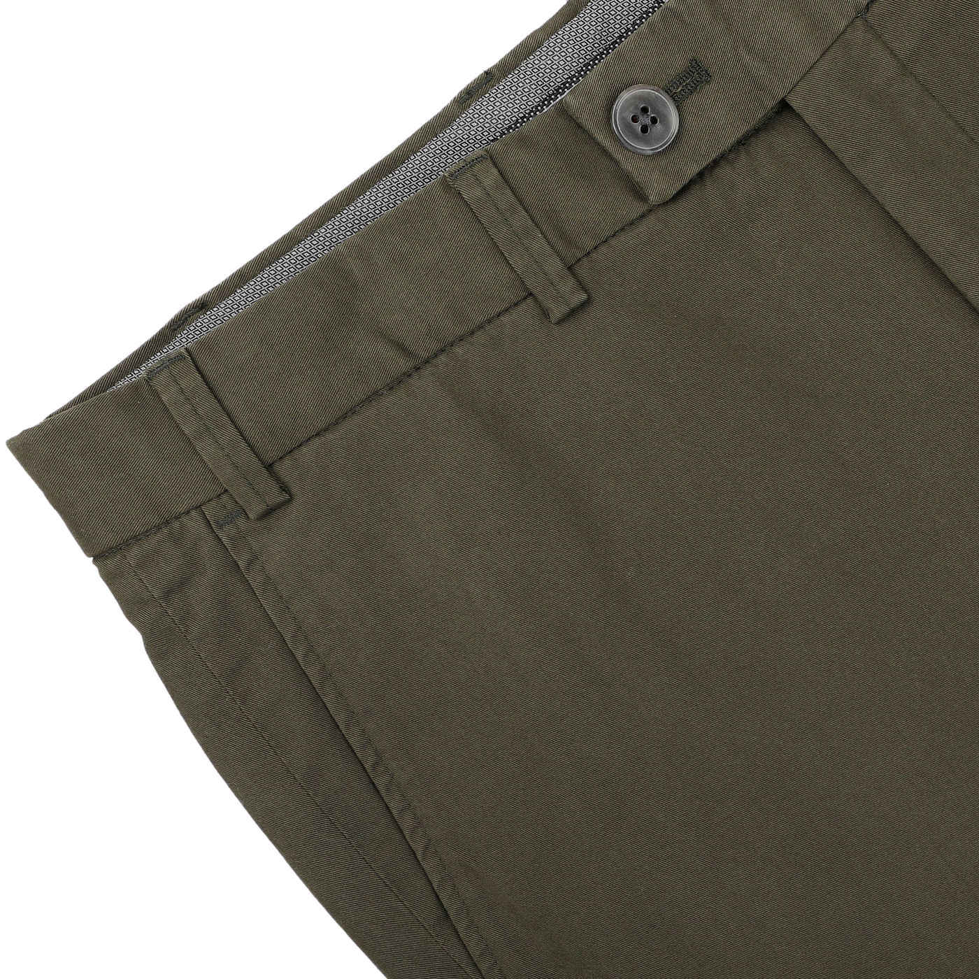 Close-up of Hiltl's Dark Green Cotton Stretch Regular Fit Chinos, showcasing a button and belt loops against a neutral background.