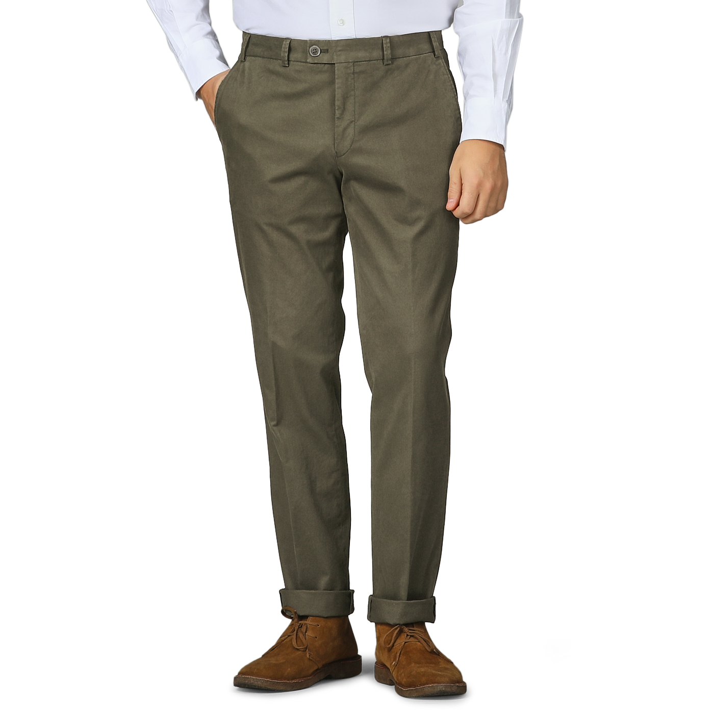 A person wearing Hiltl's Dark Green Cotton Stretch Regular Fit Chinos, a white shirt, and brown suede shoes.