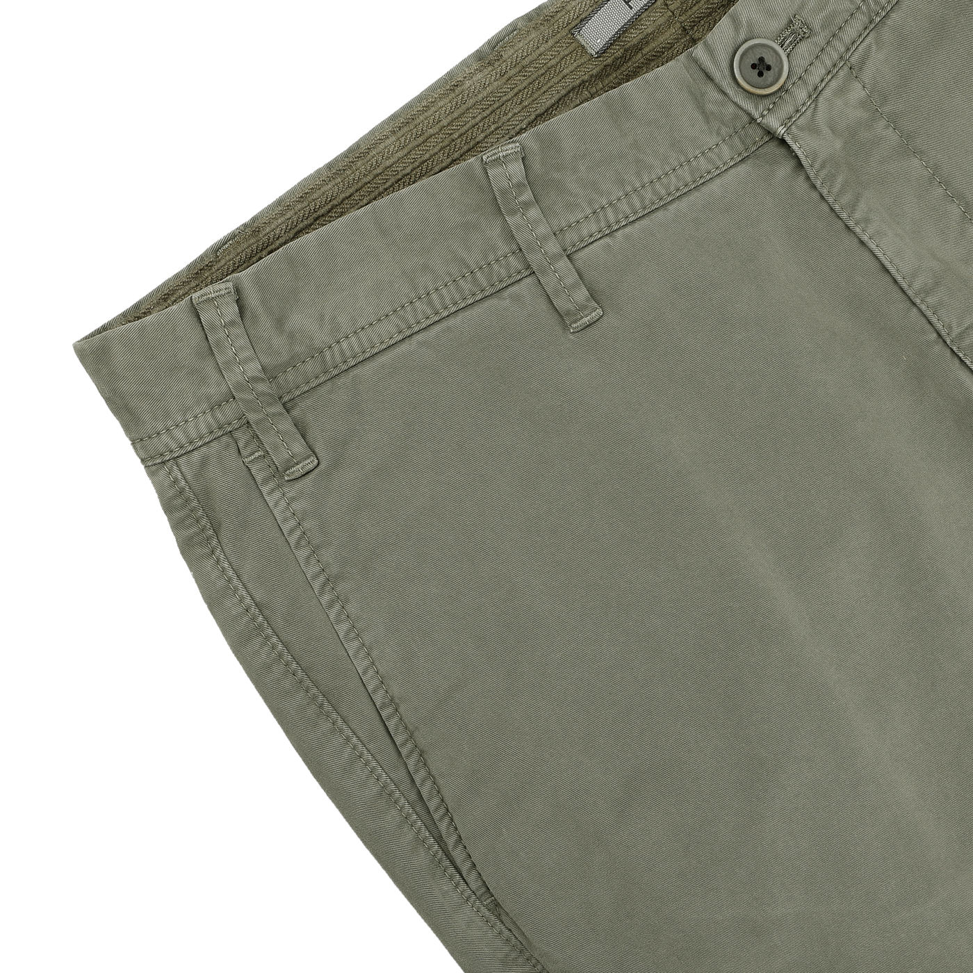 Close-up of the Green Washed Cotton Gabardine Slim Chinos by Hiltl, highlighting details like belt loops, a button, and part of the waistband.