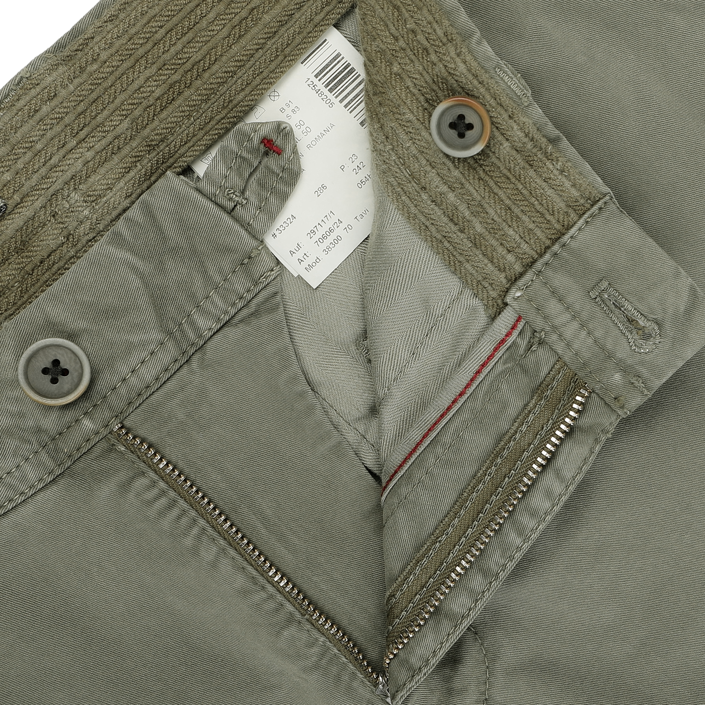 Close-up of the Green Washed Cotton Gabardine Slim Chinos by Hiltl, showcasing a partially unzipped fly, two buttons, and a visible clothing tag.