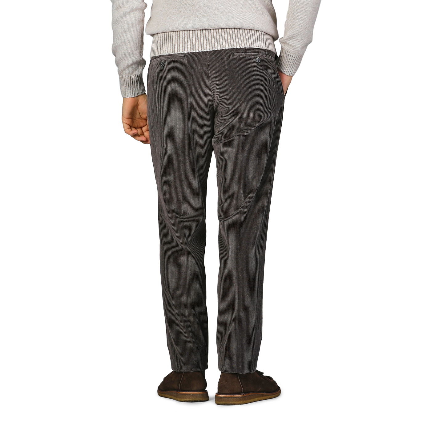 Someone is wearing Hiltl Grey Cotton Corduroy Regular Fit Chinos, a light sweater, and brown shoes, viewed from the back.