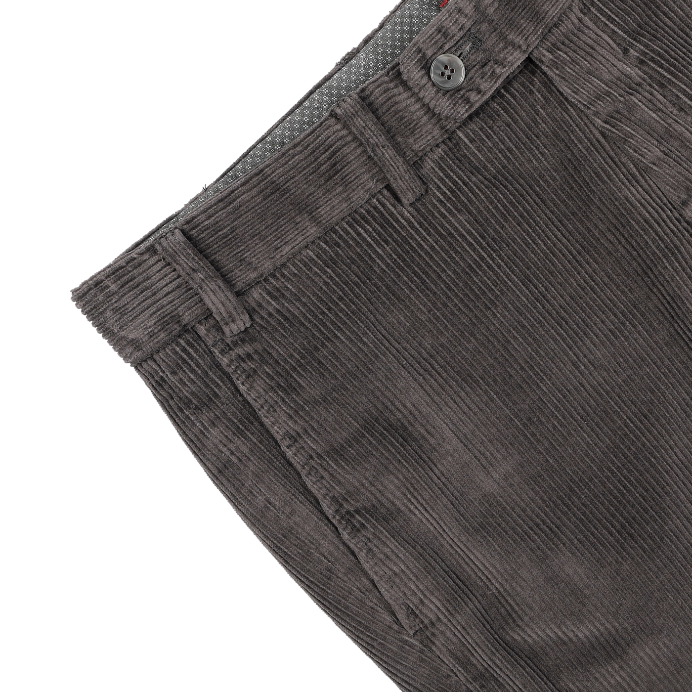 A close-up of the Grey Cotton Corduroy Regular Fit Chinos by Hiltl showcases the button, belt loops, and waistband, highlighting the textured cotton corduroy material.