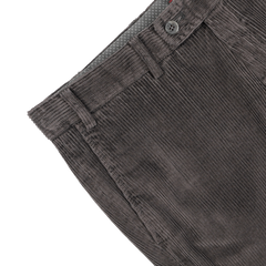 A close-up of the Grey Cotton Corduroy Regular Fit Chinos by Hiltl showcases the button, belt loops, and waistband, highlighting the textured cotton corduroy material.