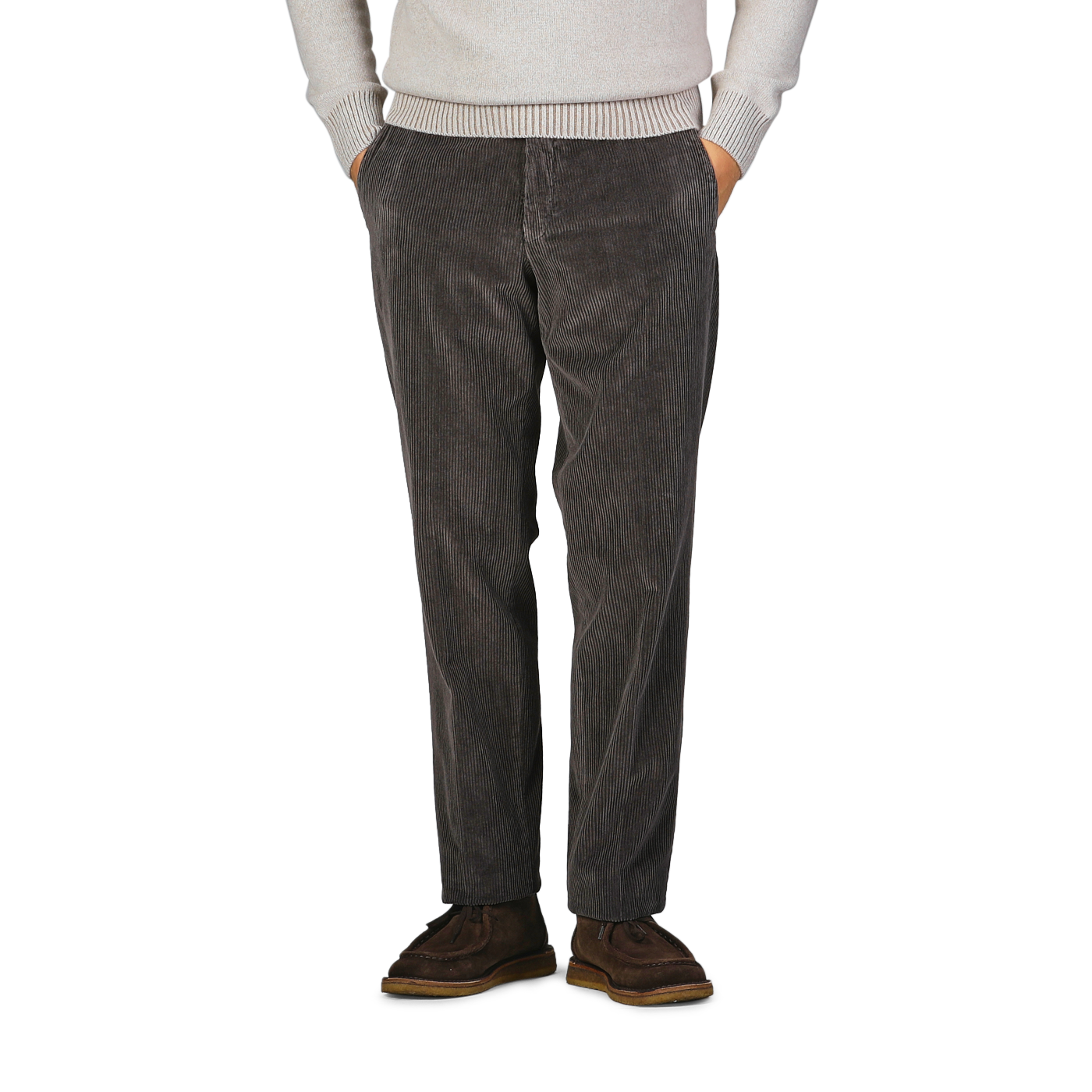 A person in a lightweight sweater and Hiltl Grey Cotton Corduroy Regular Fit Chinos, with hands in pockets, wearing brown shoes against a gray background.