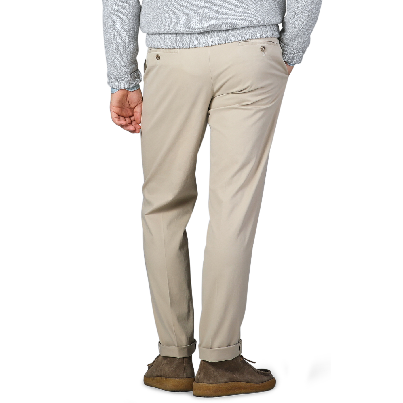 A person wearing Hiltl's Khaki Cotton Stretch Regular Fit Chinos paired with brown shoes is shown from the back. The trousers are complemented by a light gray sweater.