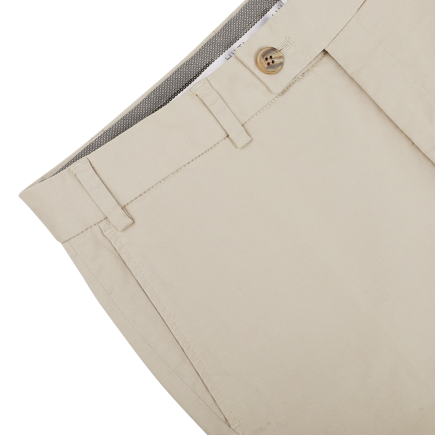 A close-up of the Khaki Cotton Stretch Regular Fit Chinos by Hiltl reveals pure cotton twill fabric, featuring a buttoned waistband and belt loops, along with a subtly checked inner lining.