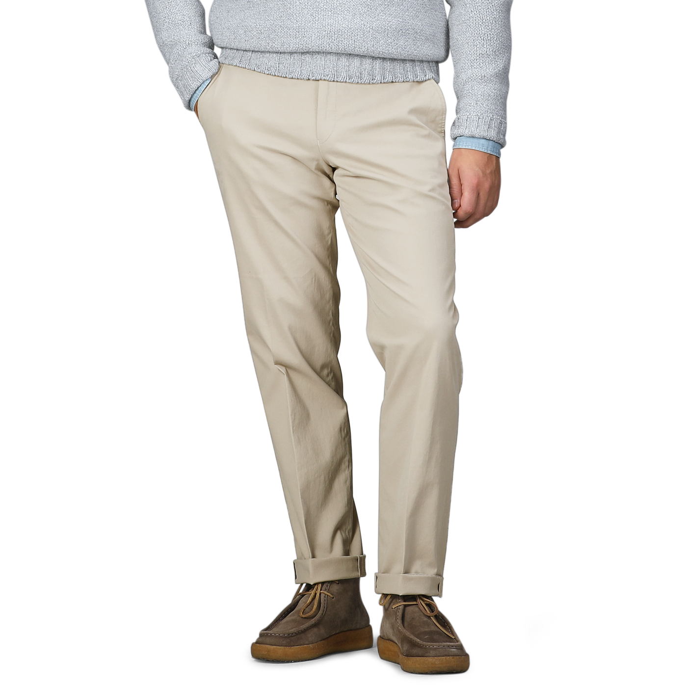 A person dressed in Hiltl's Khaki Cotton Stretch Regular Fit Chinos paired with brown shoes stands against a plain background.