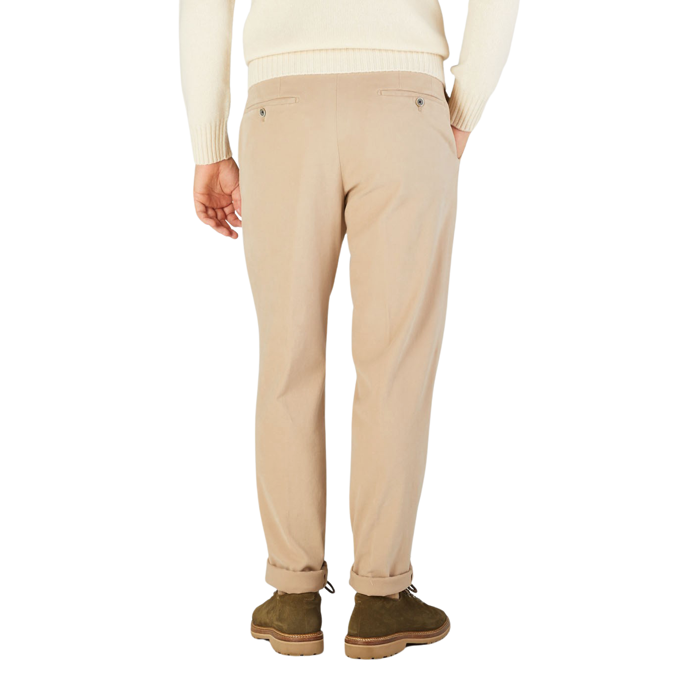 The back view of a man wearing Hiltl's Light Beige Cotton Stretch Regular Fit Chinos and a beige sweater.