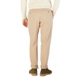The back view of a man wearing Hiltl's Light Beige Cotton Stretch Regular Fit Chinos and a beige sweater.