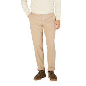 A man wearing Hiltl Light Beige Cotton Stretch Regular Fit Chinos.