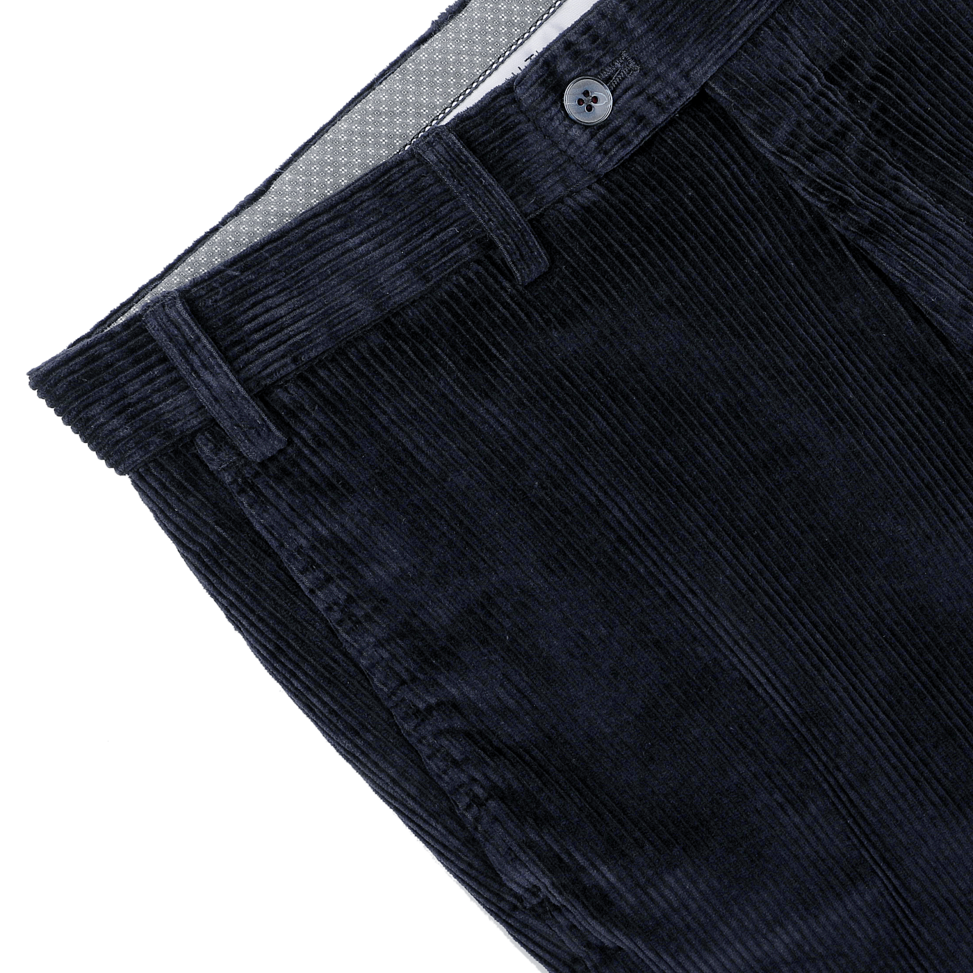 Close-up of the Hiltl Navy Blue Cotton Corduroy Regular Fit Chinos with a button and zipper, offering a versatile style suitable for any occasion.