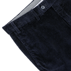 Close-up of the Hiltl Navy Blue Cotton Corduroy Regular Fit Chinos with a button and zipper, offering a versatile style suitable for any occasion.