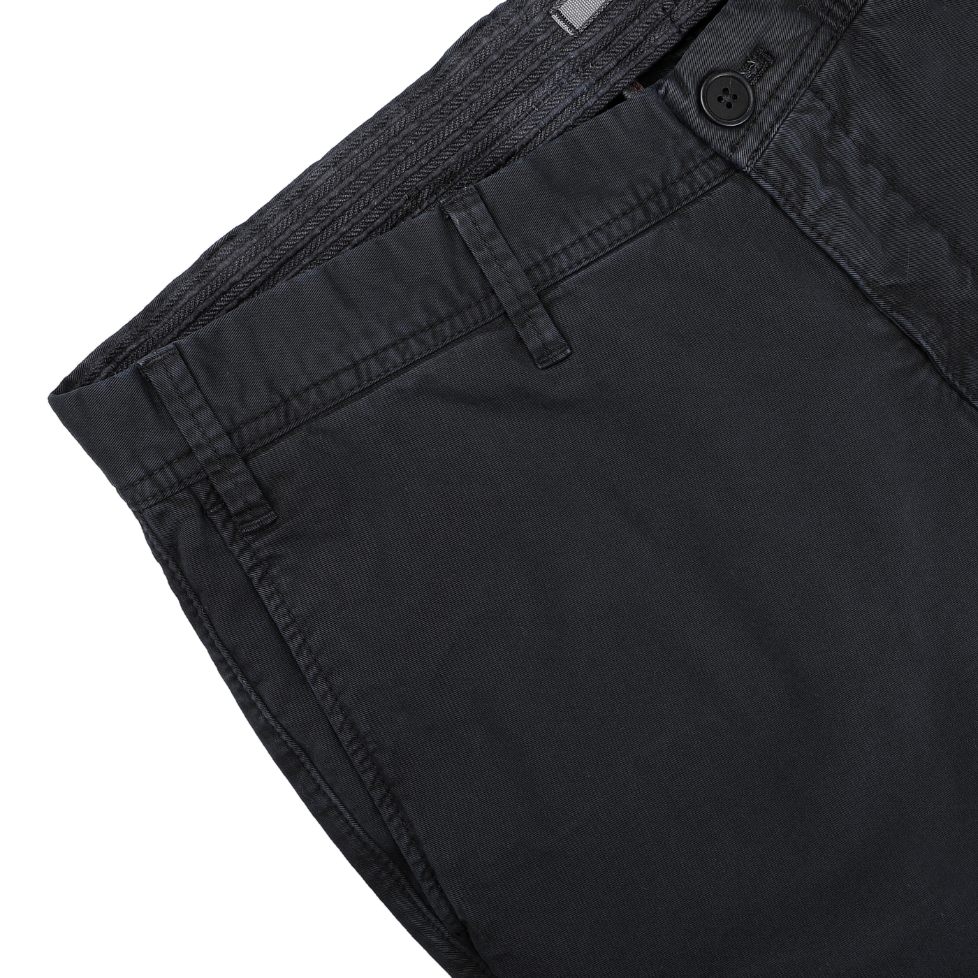 Close-up of Hiltl's Navy Washed Cotton Gabardine Slim Chinos, designed with a button and belt loops, displayed flat on a white surface.