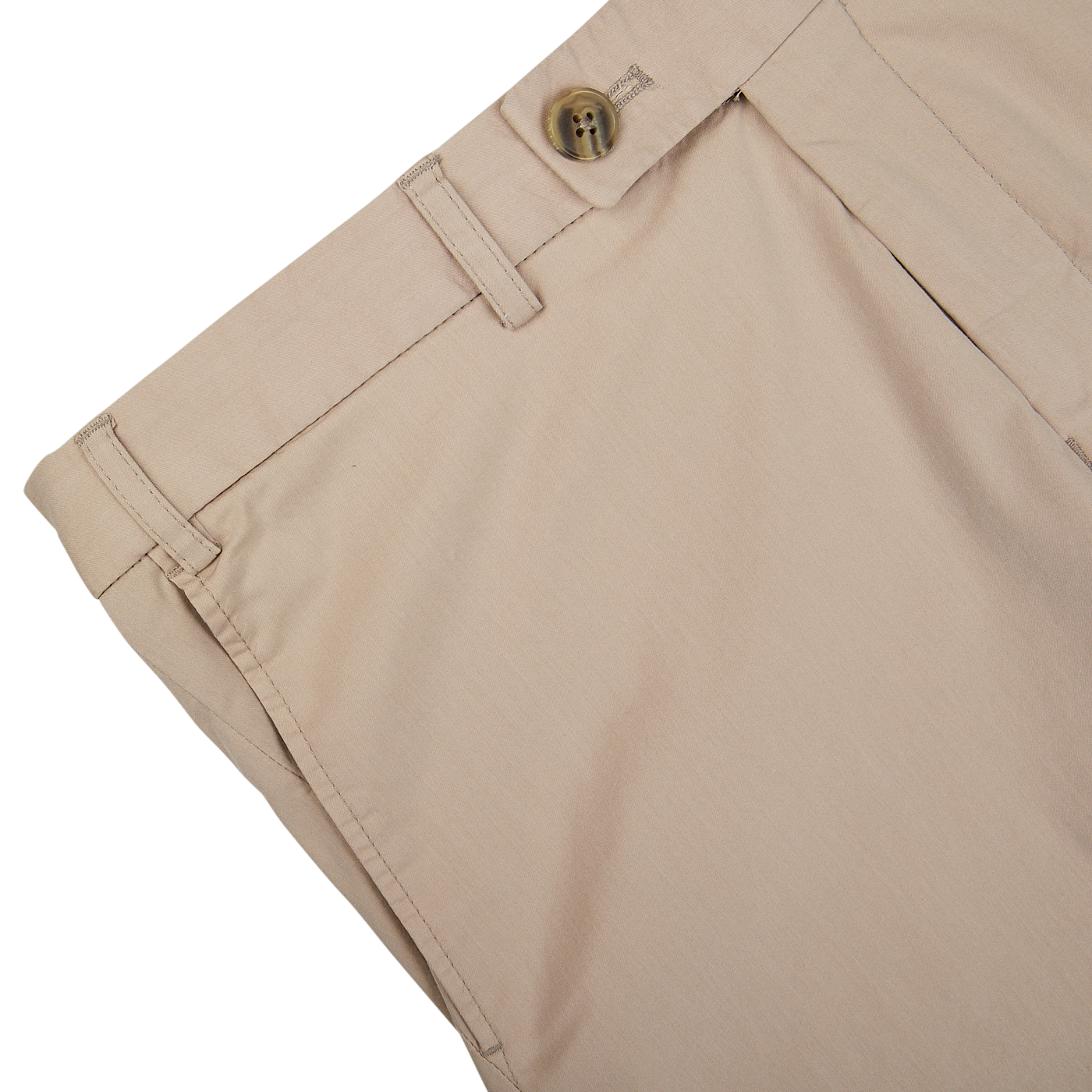 Close-up of Hiltl sand beige cotton nylon slim chinos with a button closure.