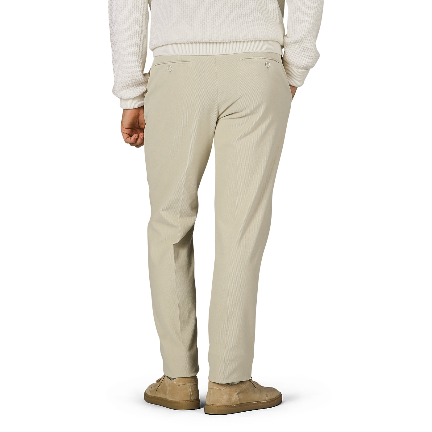 Person wearing Incotex Beige Cotton Corduroy High Comfort Chinos, a white sweater, and matching beige shoes is shown from the back, standing against a plain background.