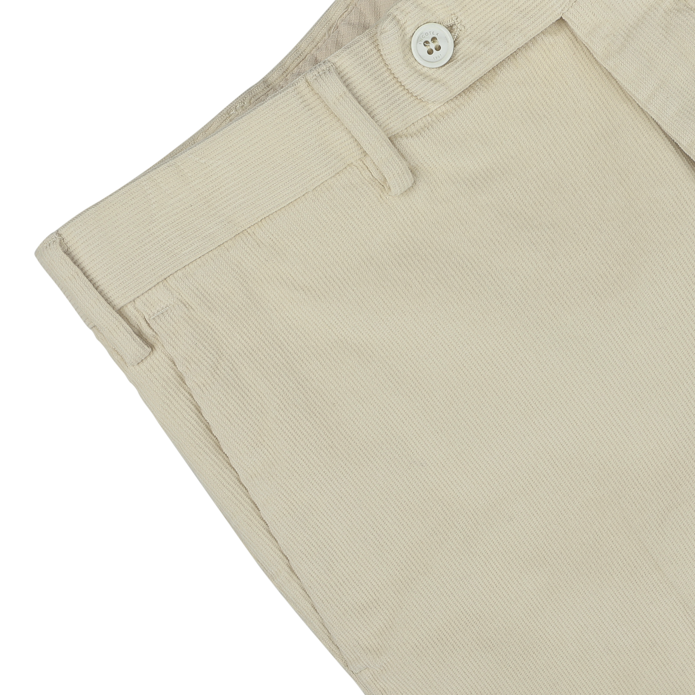 Close-up of Incotex Beige Cotton Corduroy High Comfort Chinos, showcasing the waistband, button, belt loop, and front pocket detail.