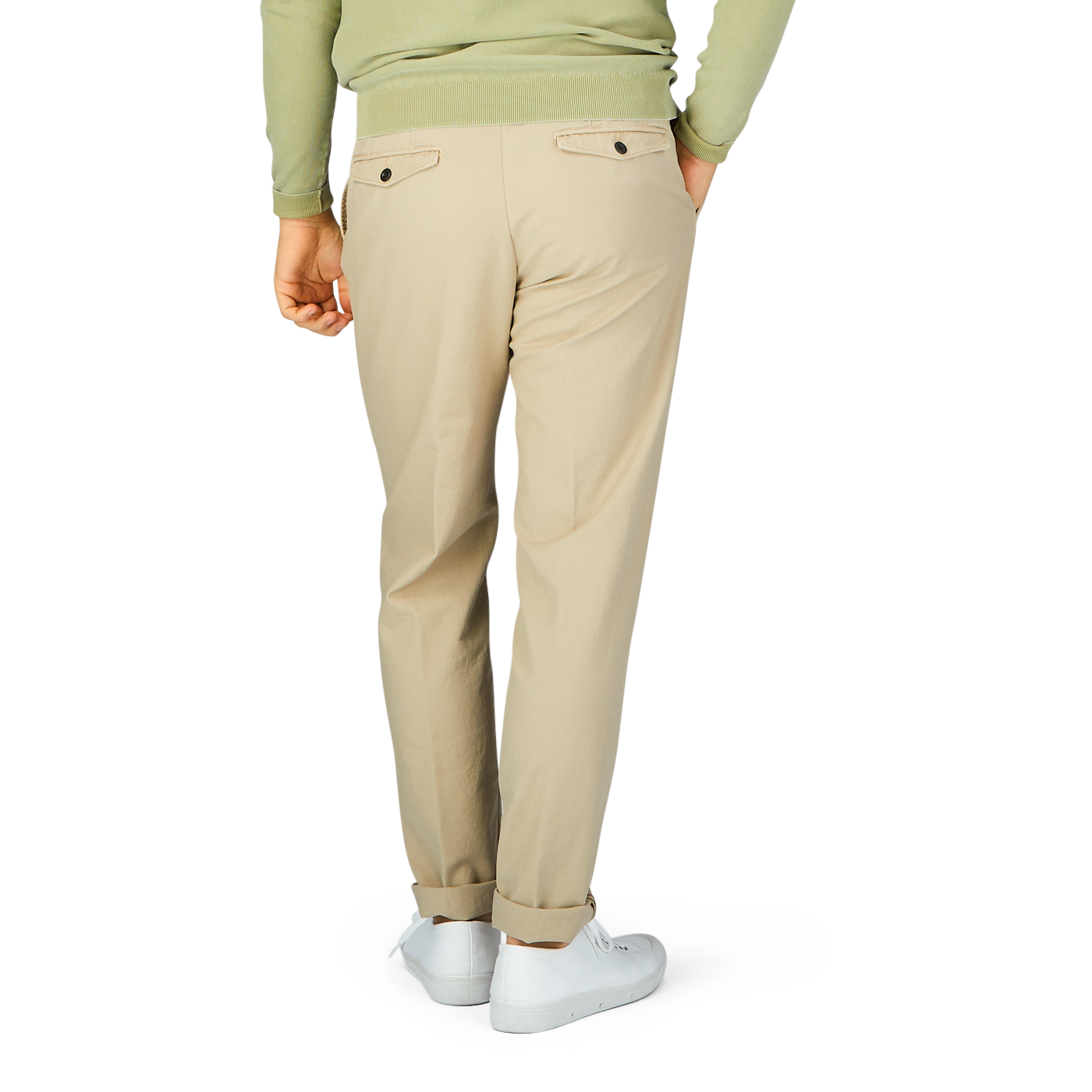 The back view of a man wearing a beige sweater and Incotex Beige Cotton Stretch Pleated Chinos.