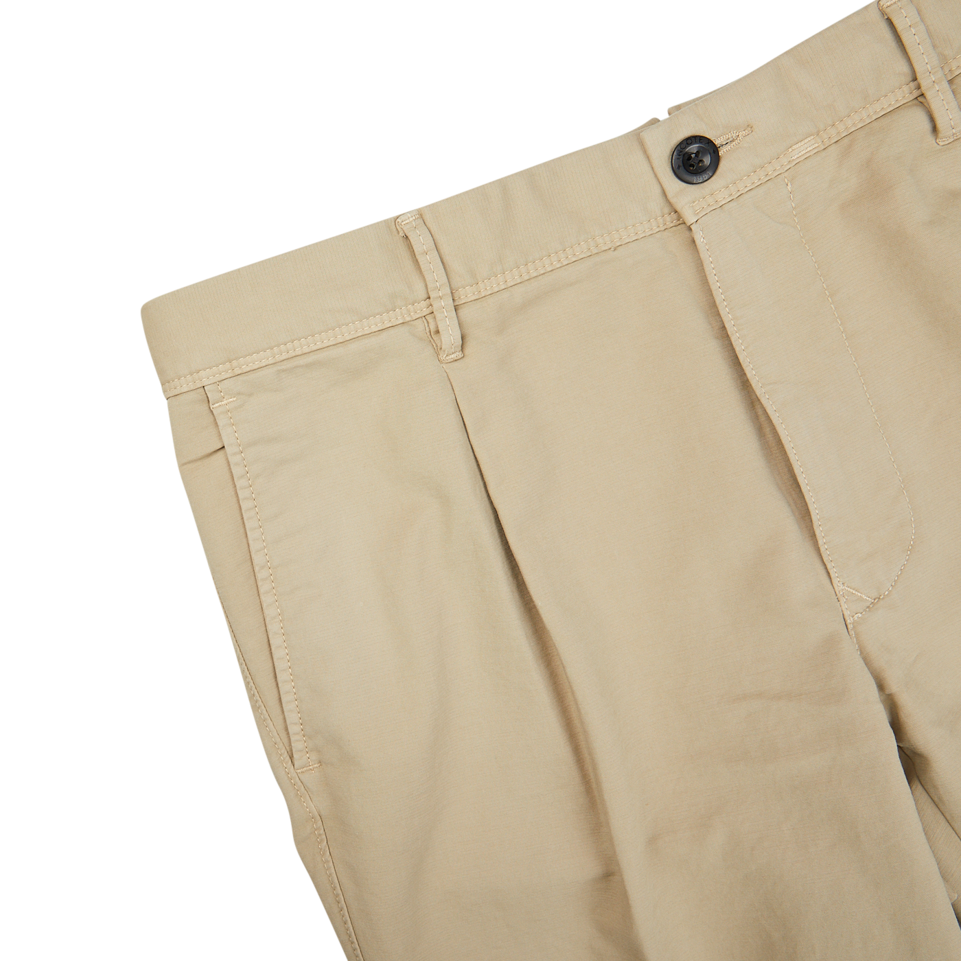 A close-up of a beige Incotex cotton stretch pleated chinos.