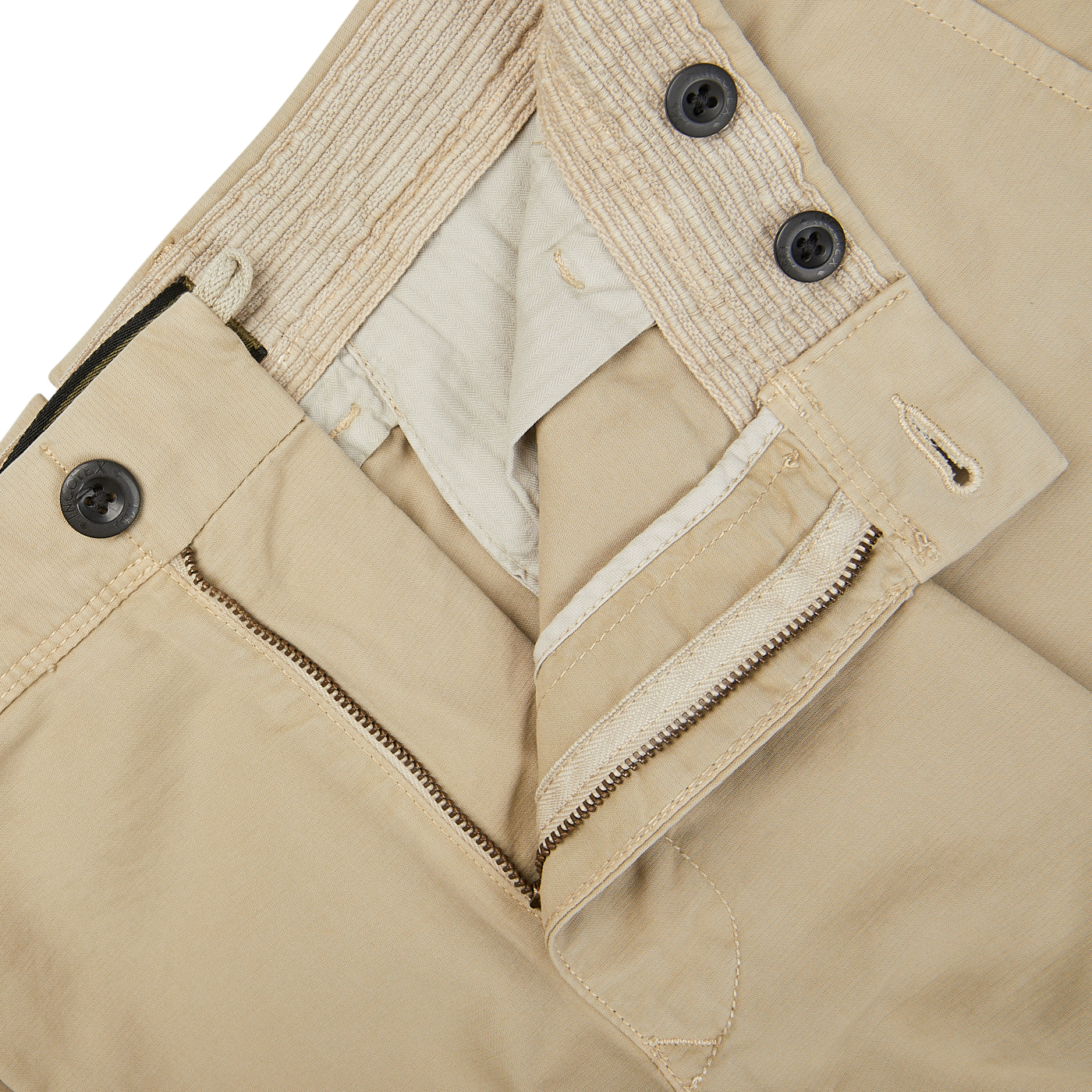 A close up view of Incotex Beige Cotton Stretch Pleated Chinos.