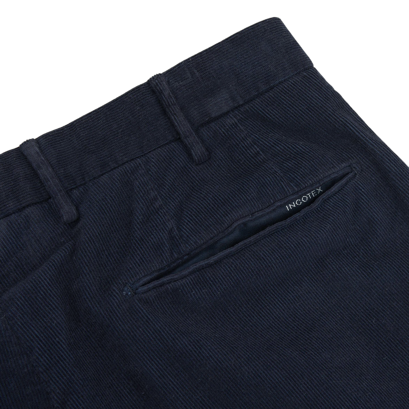 The back pocket of a Navy Blue Micro Cotton Corduroy High Comfort Chinos, a slim fit pant made from comfortable corduroy fabric by Incotex.