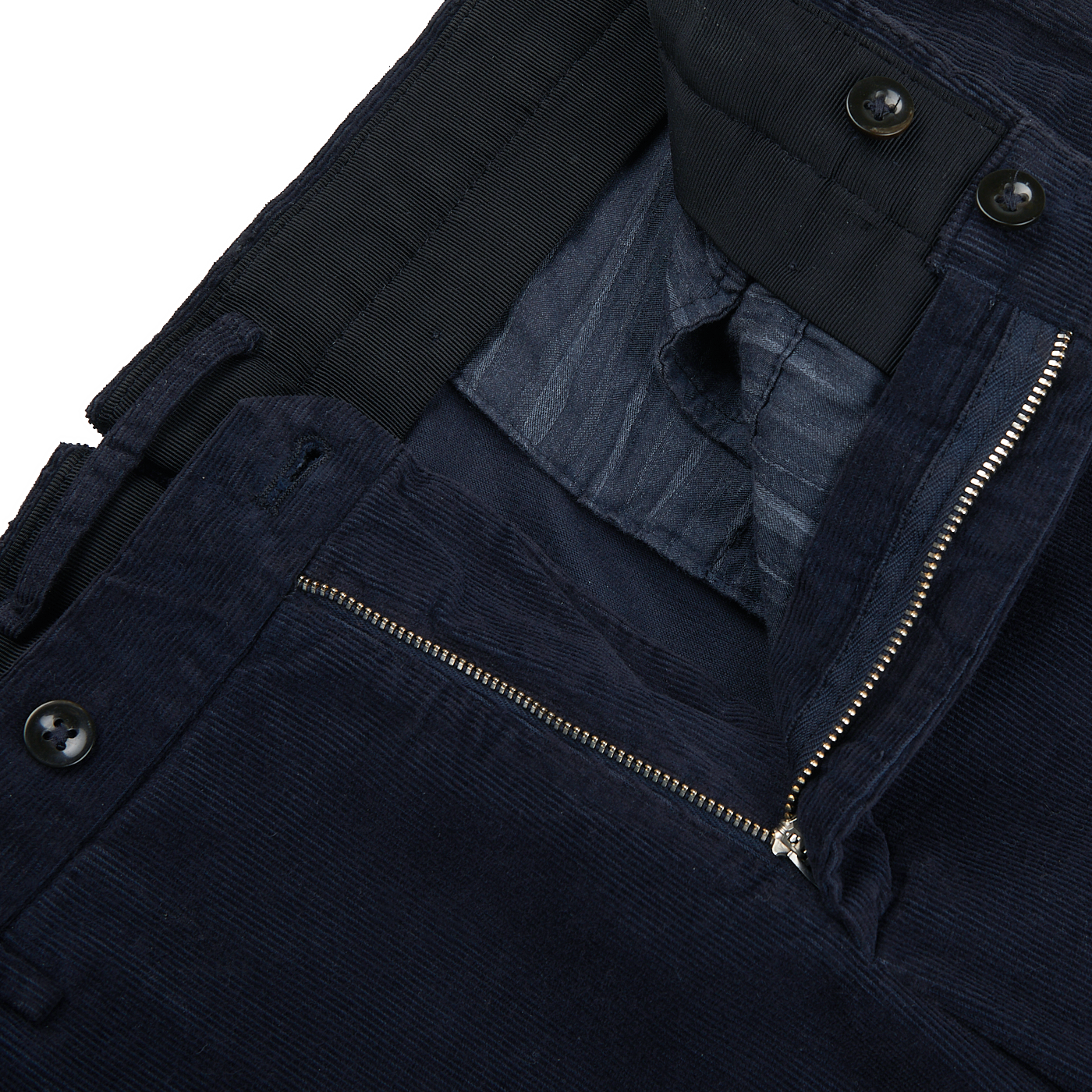 A close up of a pair of Incotex Blue Micro Cotton Corduroy High Comfort Chinos, offering both comfort and style.