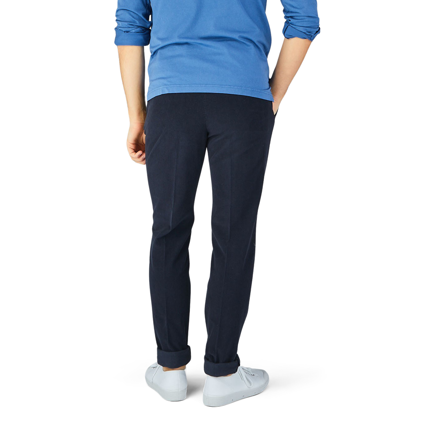 The man is wearing Incotex Blue Micro Cotton Corduroy High Comfort Chinos and a blue shirt, with a slim fit.