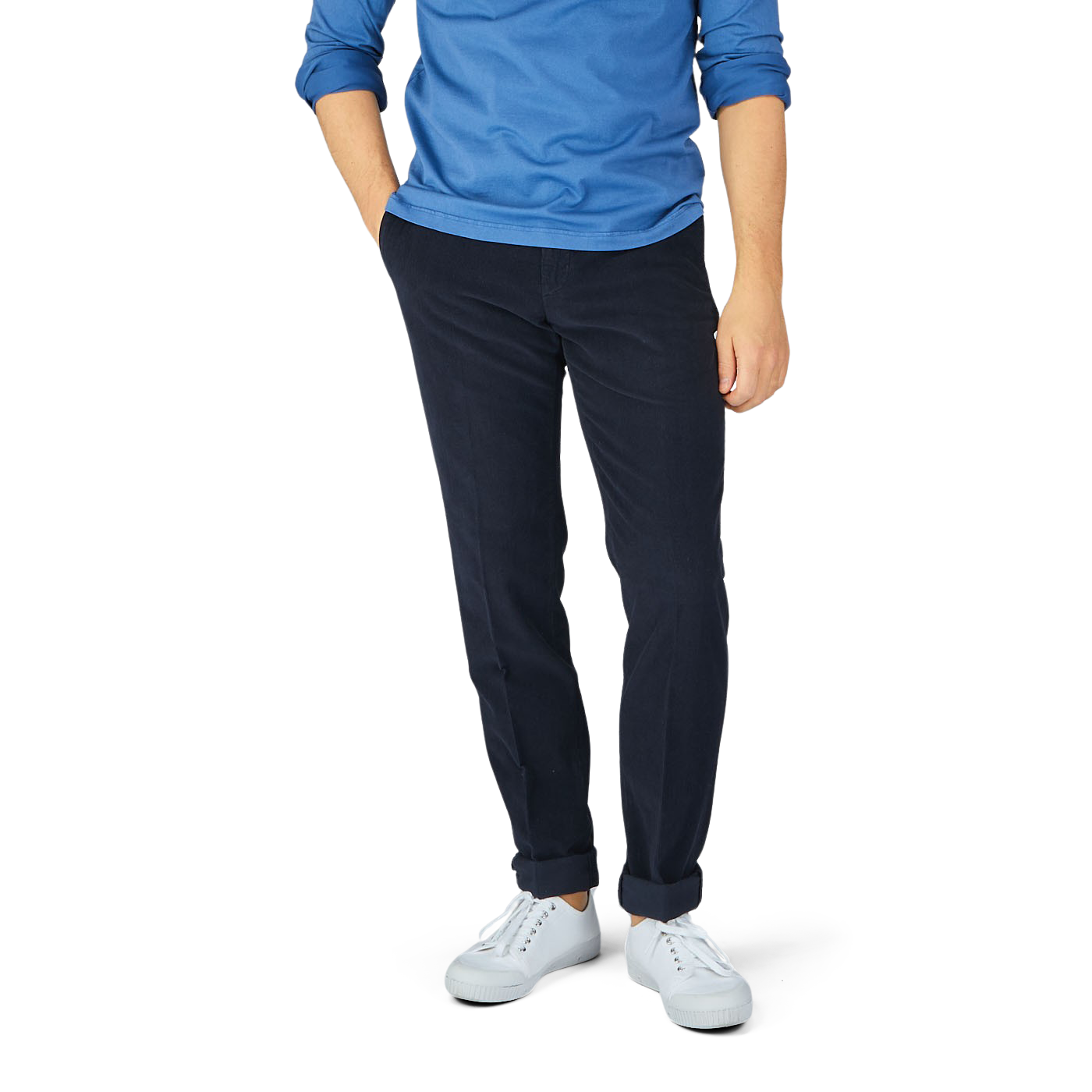 A man wearing Incotex Blue Micro Cotton Corduroy High Comfort Chinos.