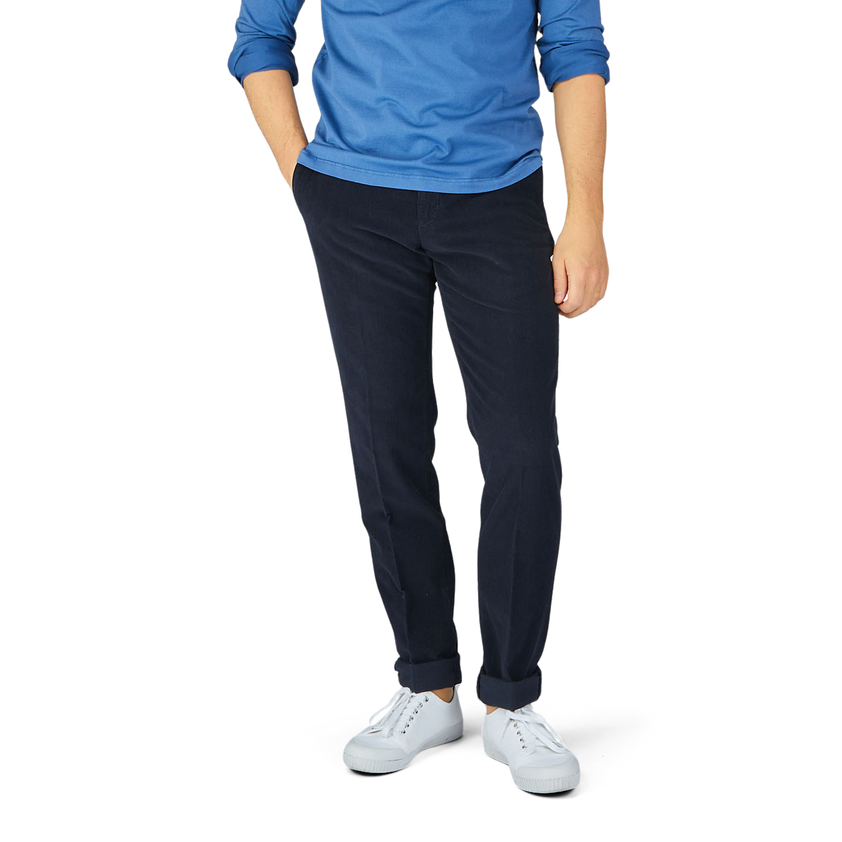 A man wearing Incotex Blue Micro Cotton Corduroy High Comfort Chinos.